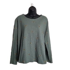 Womens Large Sage Green Bee Print Beaded Cotton Long Sleeve Top IB Diffusion